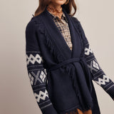 Fringe Trim Belted Western Cardigan