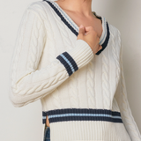 Stripe Contrast Cable Knit V Neck Sweater